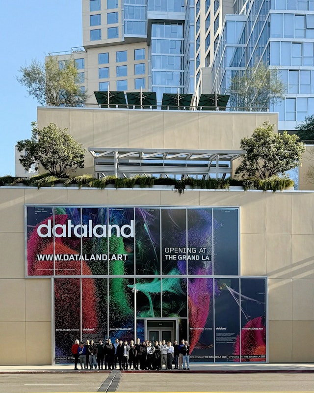 Dataland exterior identity application by Pentagram