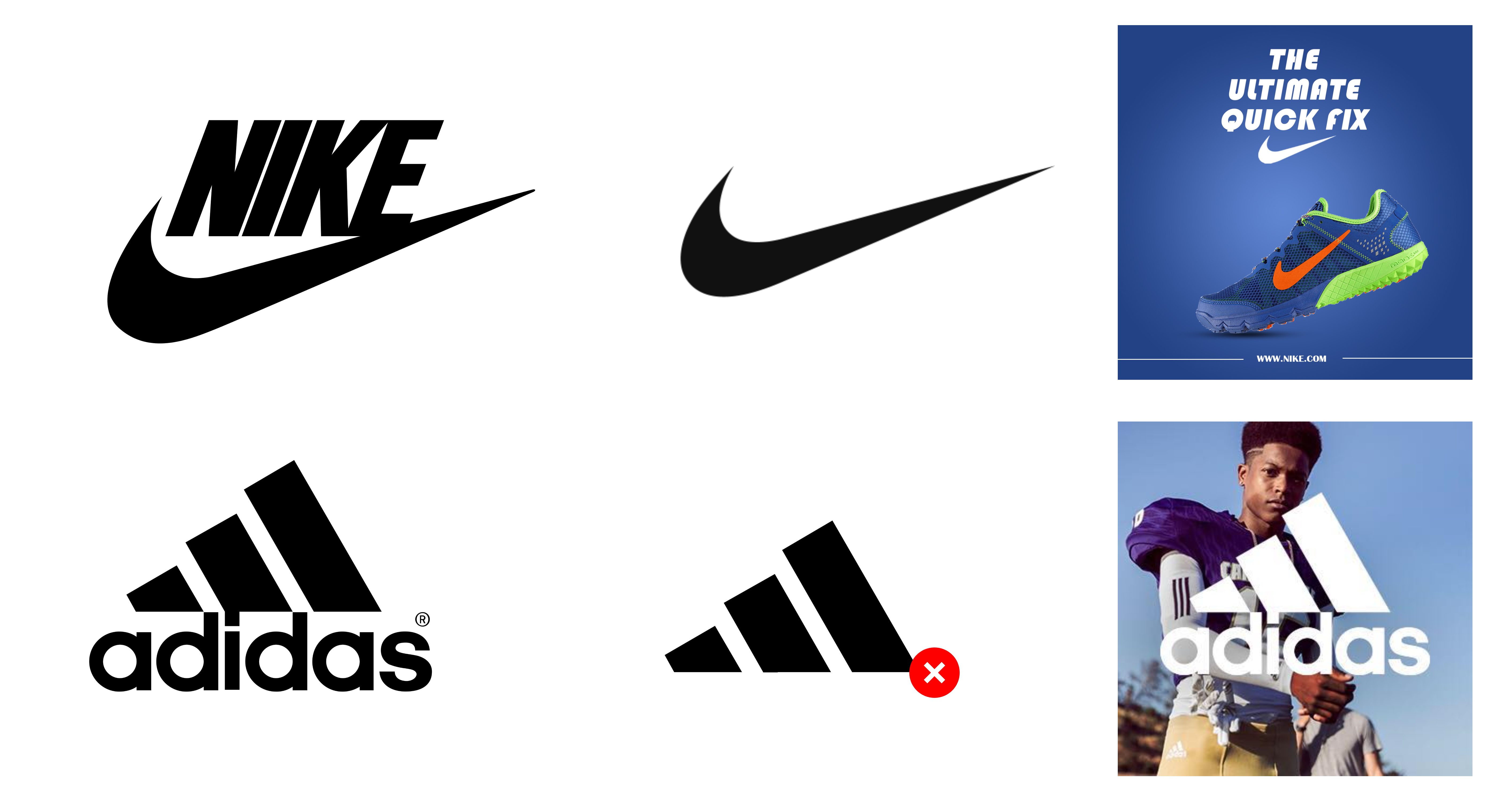 Left Adidas pairs its three stripes with its name in all marketing. Right Nike's Swoosh stands alone after decades of marketing investment. (Official brand images)