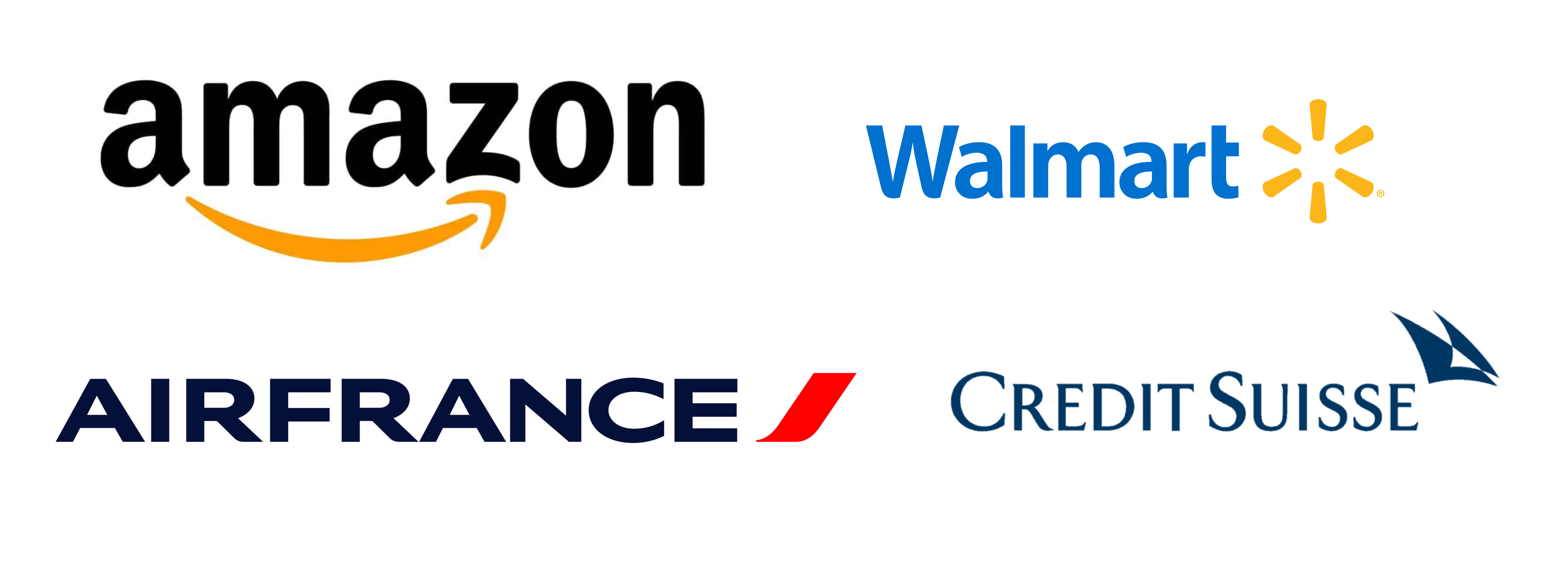 Combination logos: Amazon's smile, Walmart's spark, Air France's seahorse, and Credit Suisse's anchor - each paired with their brand name.