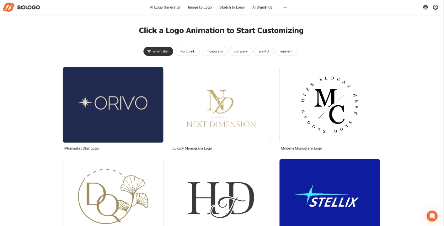 Choose a template on SologoAI logo animation generator.