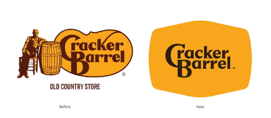 Left: Cracker Barrel old logo with barrel and rocking chair; Right: 2025 minimalist wordmark on flat background