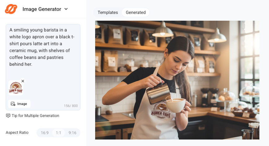 A smiling young barista in a white logo apron pours latte art into a ceramic mug, with shelves of coffee beans and pastries behind her.