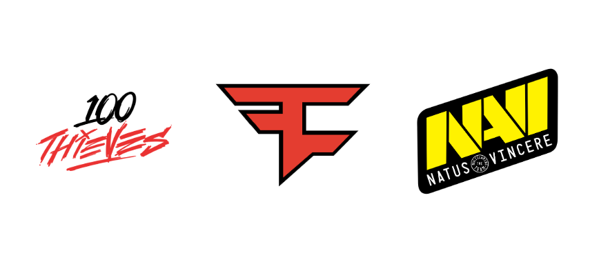 100 Thieves, Faze Clan, Natus Vincere logo 2025 with neon color scheme