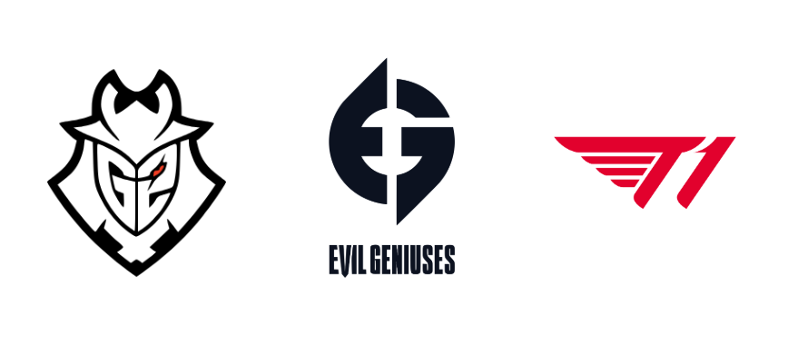 G2 Esports, Evil Geniuses, T1 logo 2025 with bold typography