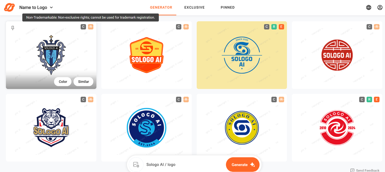 Sologo.AI Generation Interface Copyright Screenshot