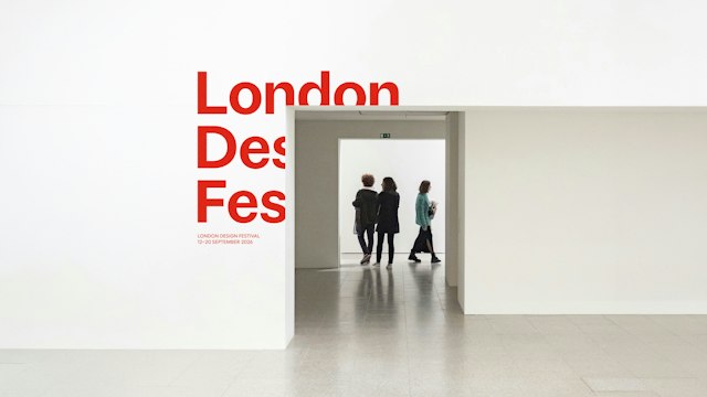 The frame concept extends into an exhibition setting, placing the festival name around an opening. Image: Pentagram / London Design Festival.