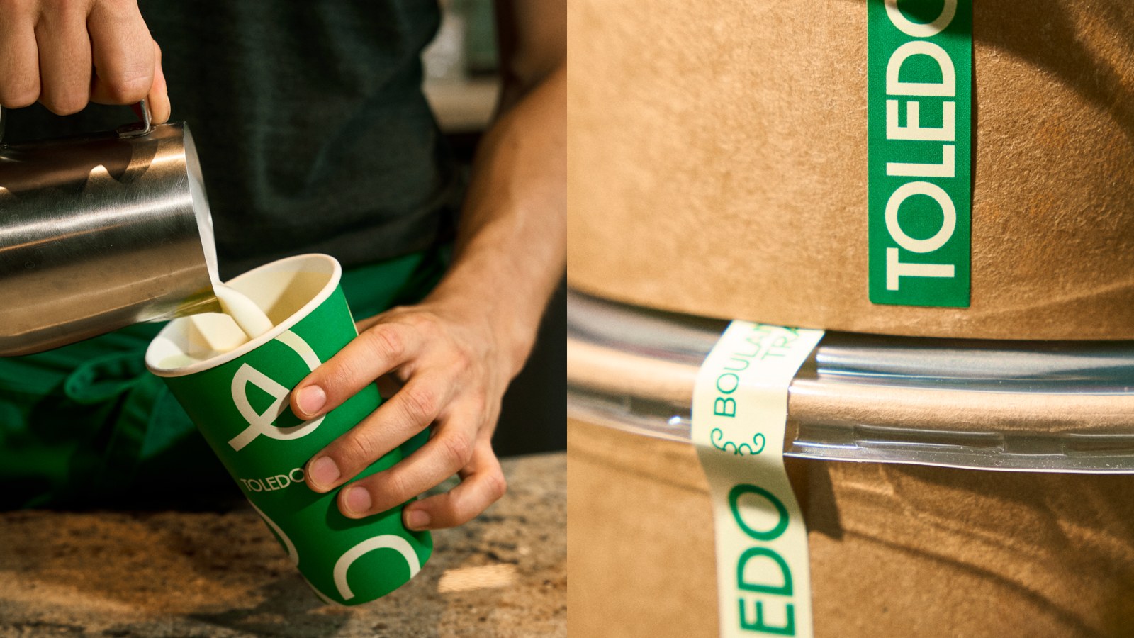 A paper bag and coffee cup carry different parts of the Toledo system. Design: Nouvelle idée.