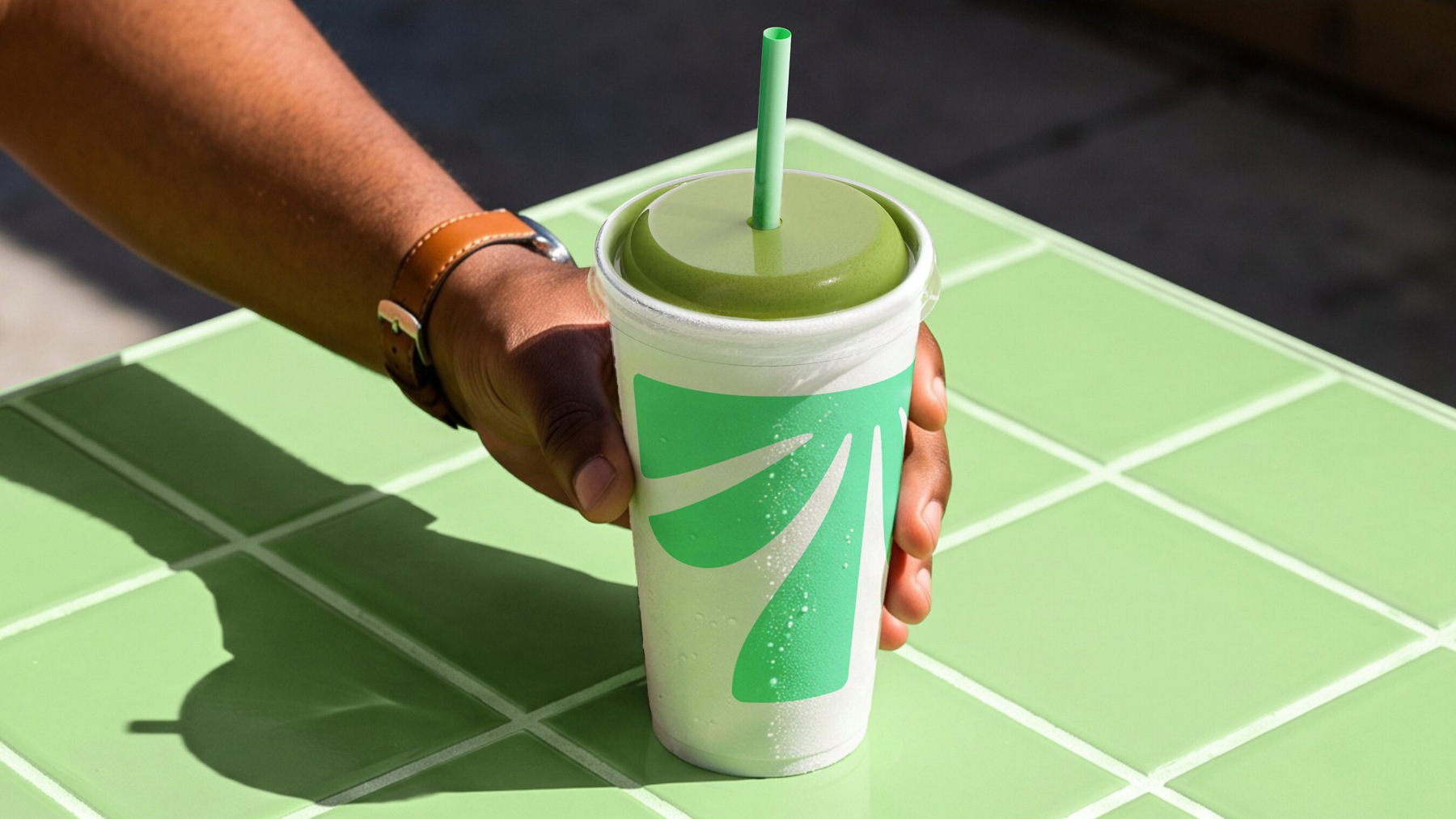 Official cup imagery shows the Palm T working across a curved, handheld surface. Image: Tropical Smoothie Cafe / JKR.