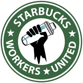 Starbucks Workers United circular logo with a raised fist holding a takeaway cup