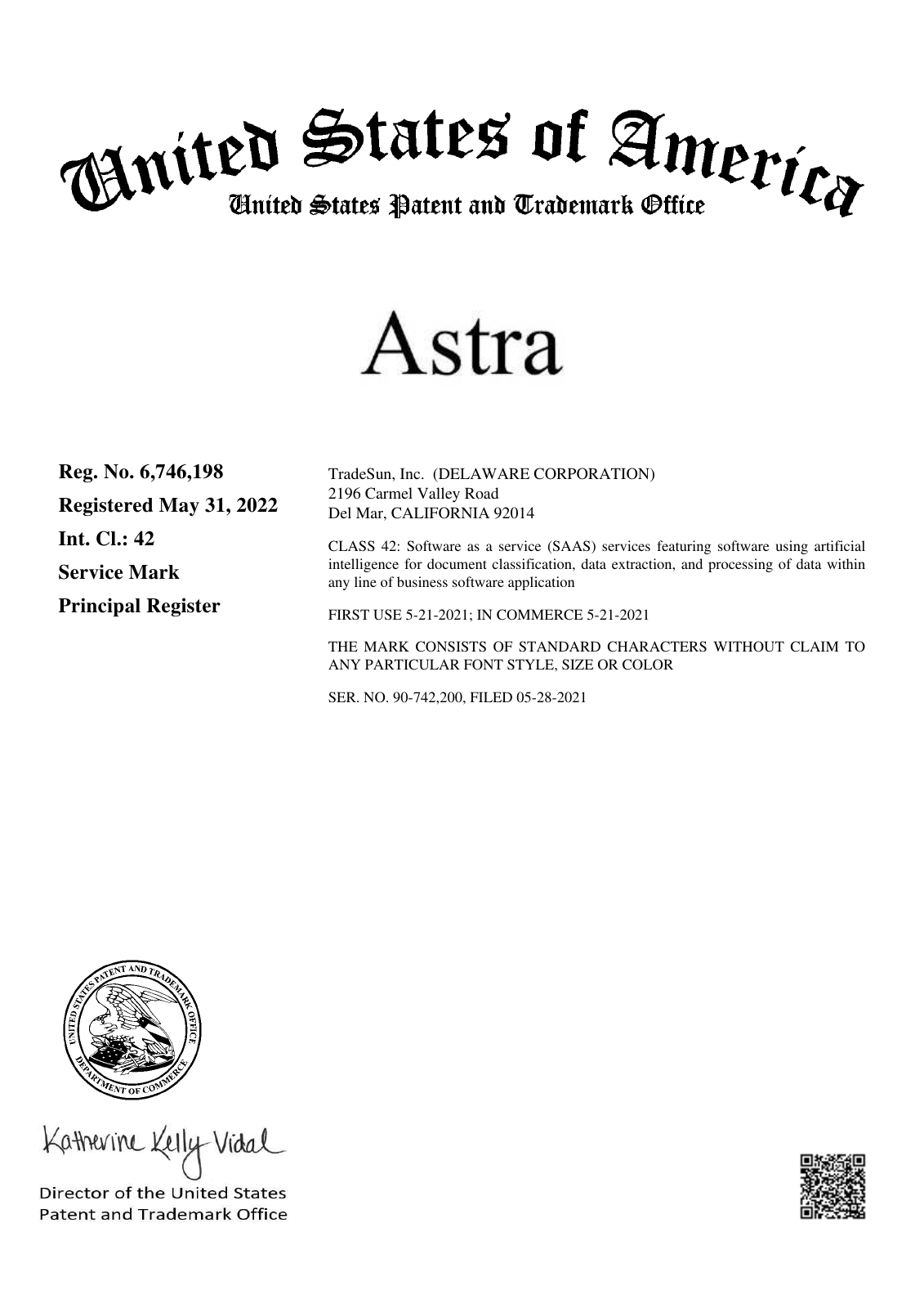 USPTO registration certificate for TradeSun ASTRA mark