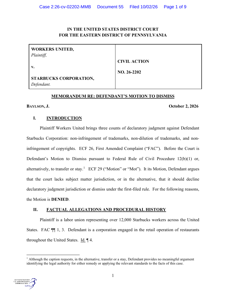 First page of October 2 2026 Workers United v Starbucks court memorandum