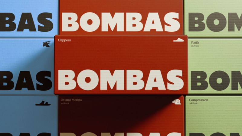 Bombas wordmark repeated across several &Walsh color treatments