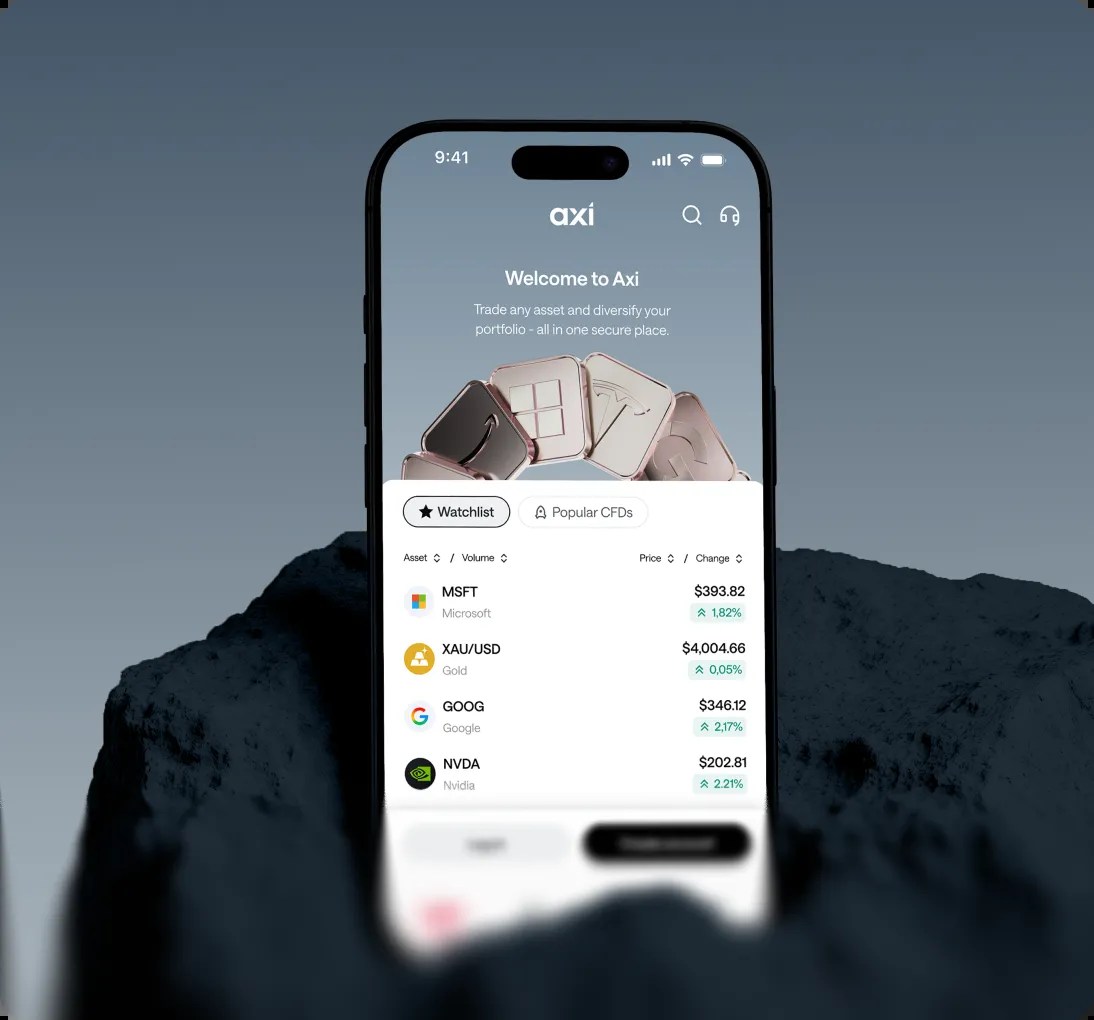 Axi trading app interface shown by Properly Studio