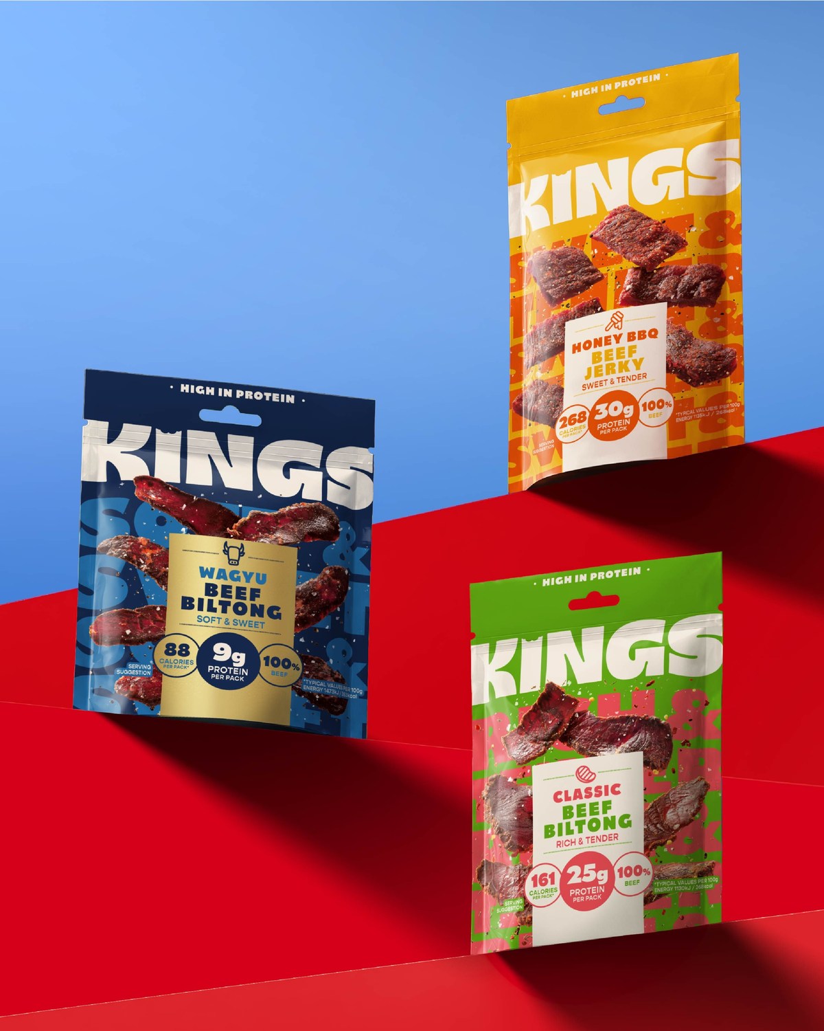 Kings biltong and jerky packs showing the new logotype and flavor language