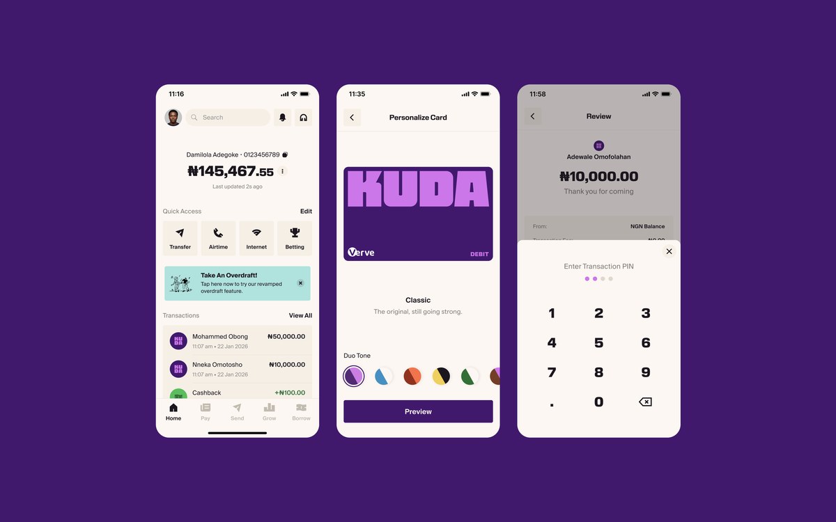 Kuda banking screens with the new purple brand system